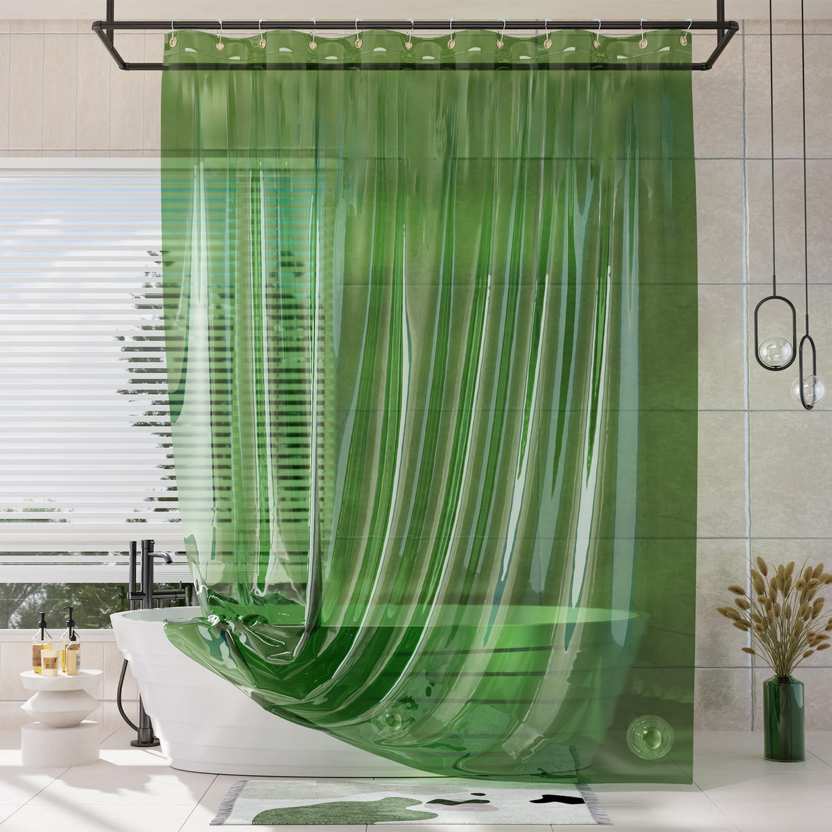 AmazerBath Heavy Shower Curtain Liner, 100% EVA Clear Green Heavy Duty Luxury Soft Shower Curtain and Liner 2-in-1, 72x72 Plastic Weighted Shower Liner, 12 Rustproof Grommets & 3 Heavyweight Stones