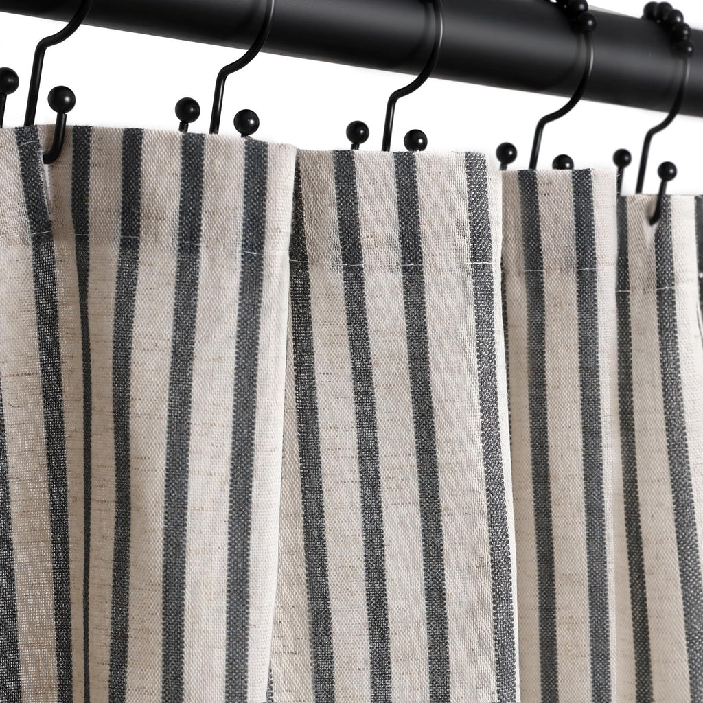 Farmhouse Striped Shower Curtain - 72x84 Inches, Linen Blend Fabric, Breathable & Machine Washable, Rustic Black for Bathroom Decor (Hooks/Liner Not Included)
