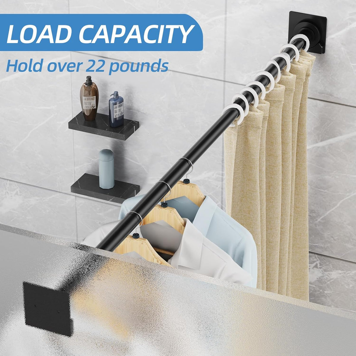 CorkLatta Matte Black Shower Curtain Rod,1 Inch Diameter Stainless Steel Adjustable Spring Tension Rods 32 to 80",with Holders,Anti-Slip,Curtain Rods No Drilling(1 Pack)