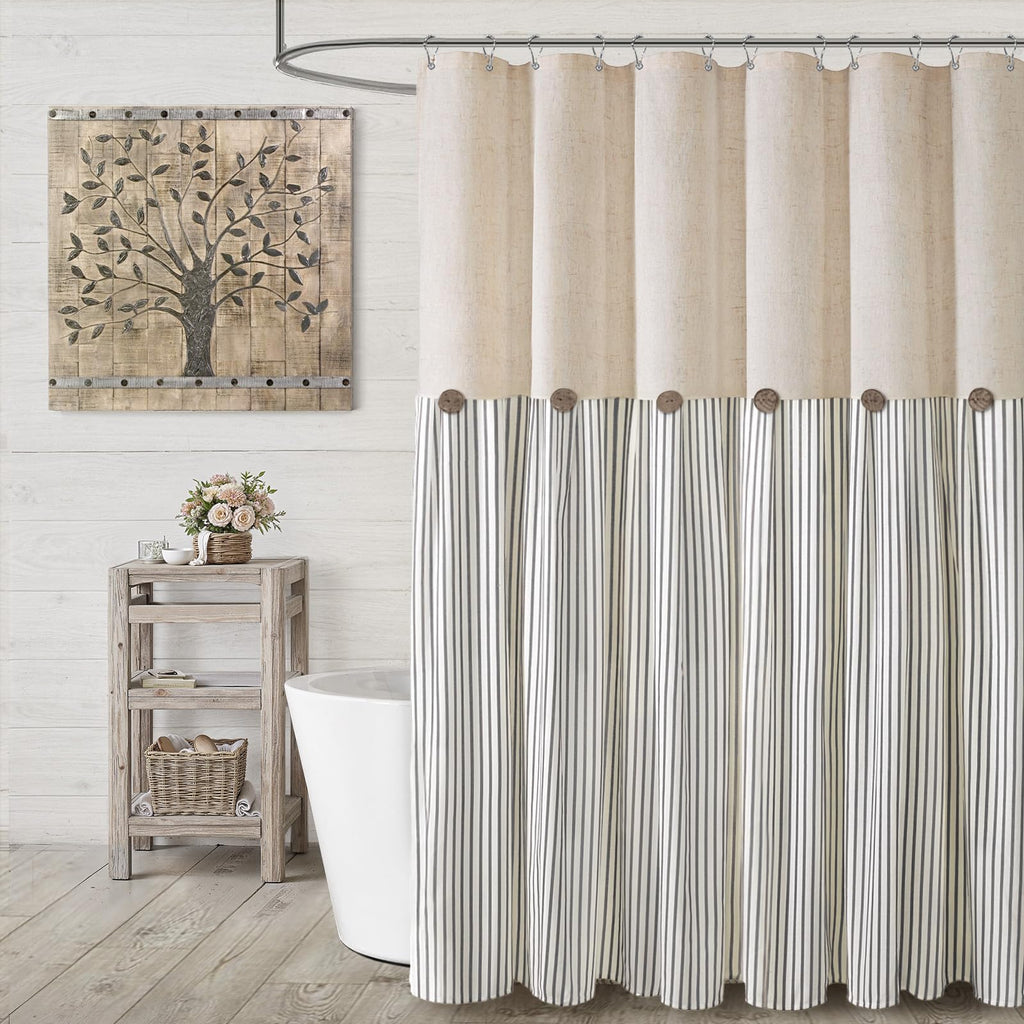Farmhouse Shower Curtain Linen Beige Button Brown Stripe 72"W x 72"L