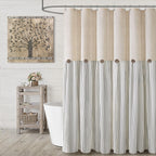 Farmhouse Shower Curtain Linen Beige Button Brown Stripe 72"W x 72"L