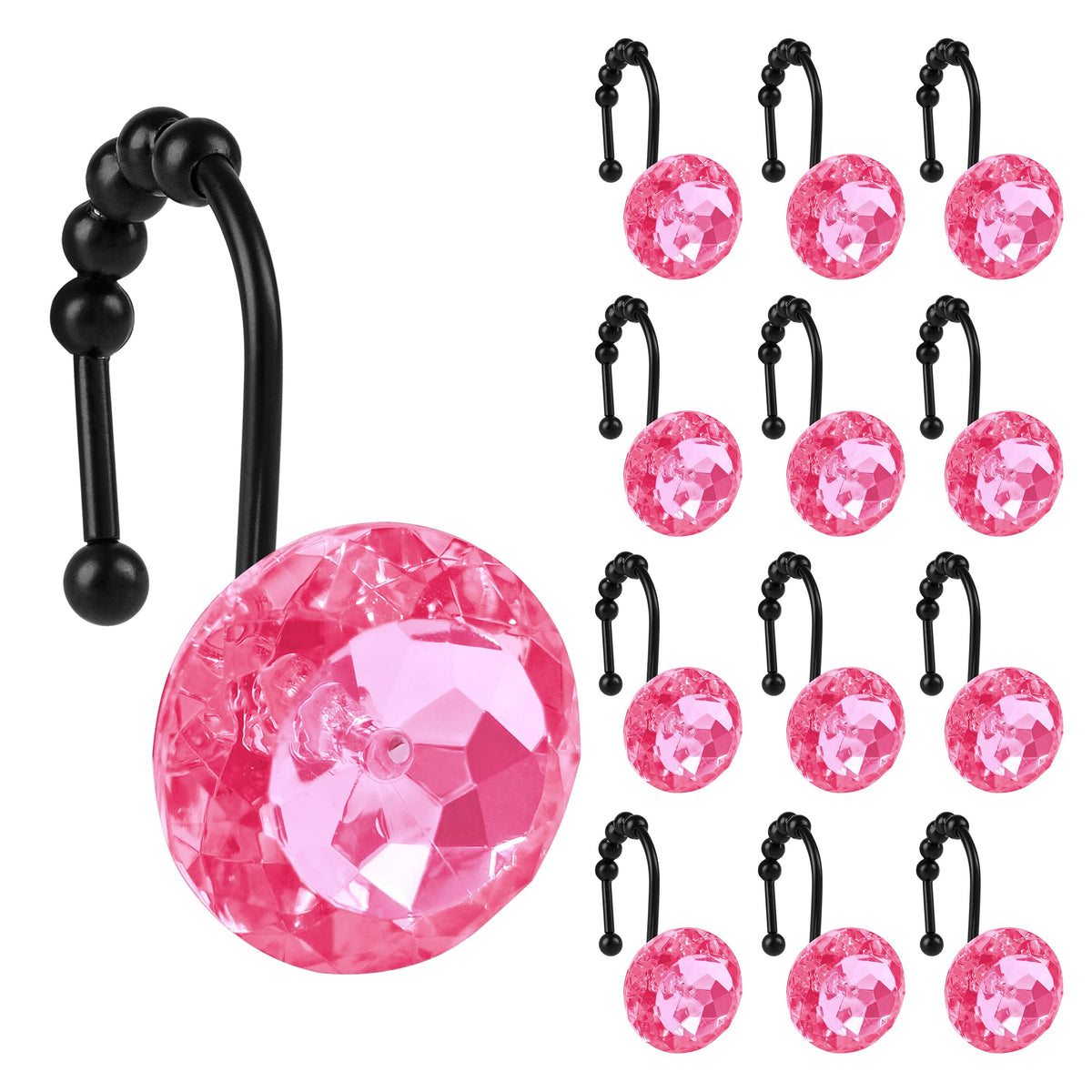 Sunlit Round Rhinestone Shower Curtain Hooks with Glide Balls, 12 Pack