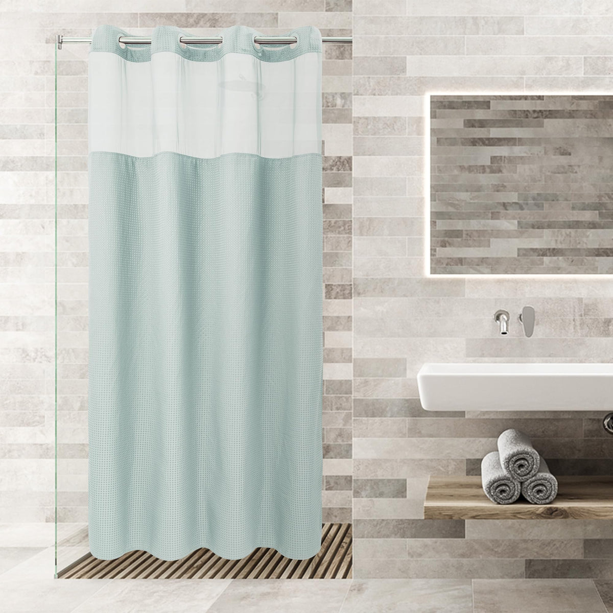 River Dream Heavyweight Waffle No Hook Shower Curtain with Liner,Gray,71x74