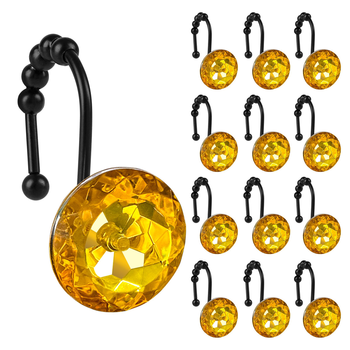 Sunlit Round Rhinestone Shower Curtain Hooks with Glide Balls, 12 Pack