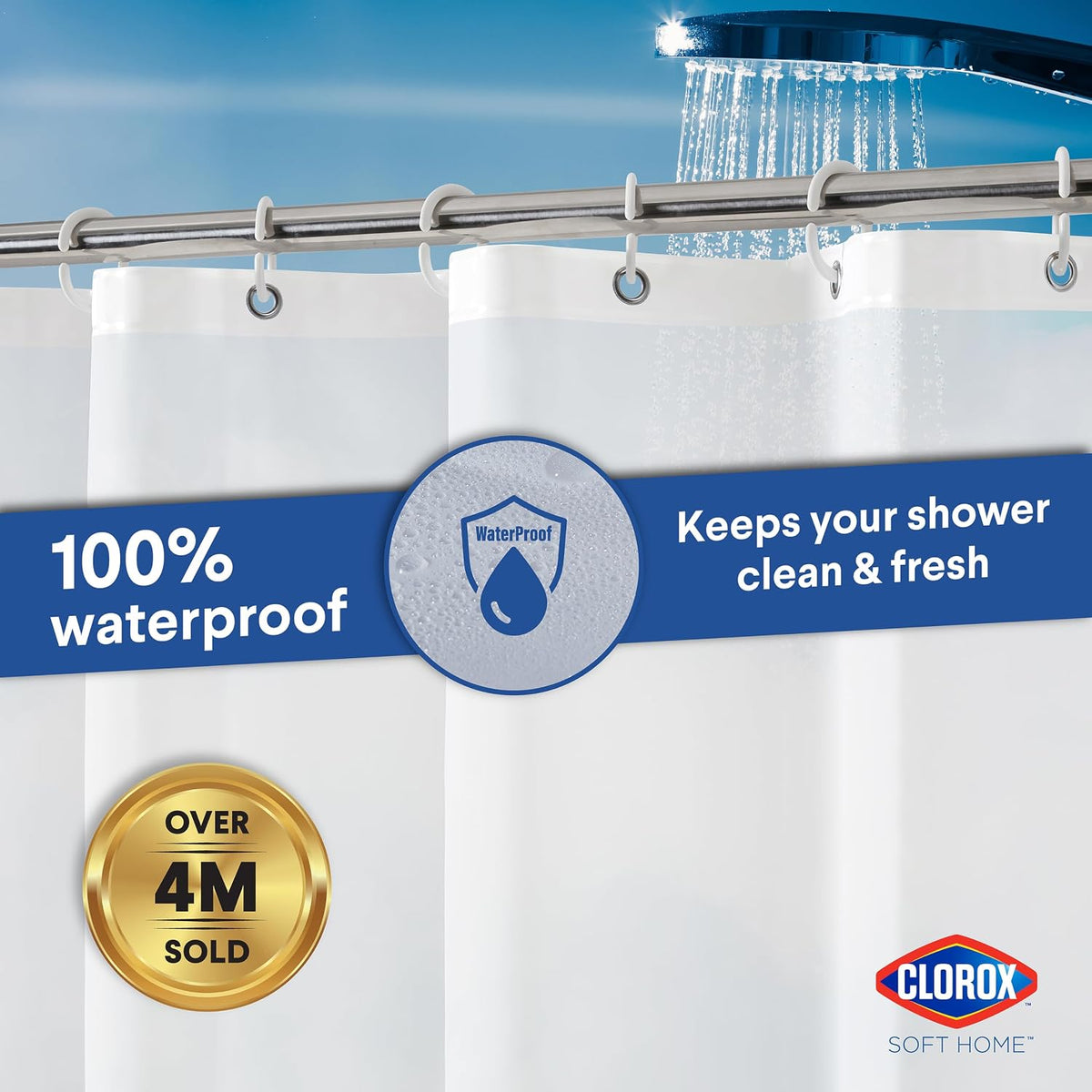 Clorox Shower Curtain Liner & Hooks, Premium Lightweight Flexible Waterproof 4g PEVA for Bathroom with Weighted Magnets, Standard Size 70" x 72", Frosty 1 Pack