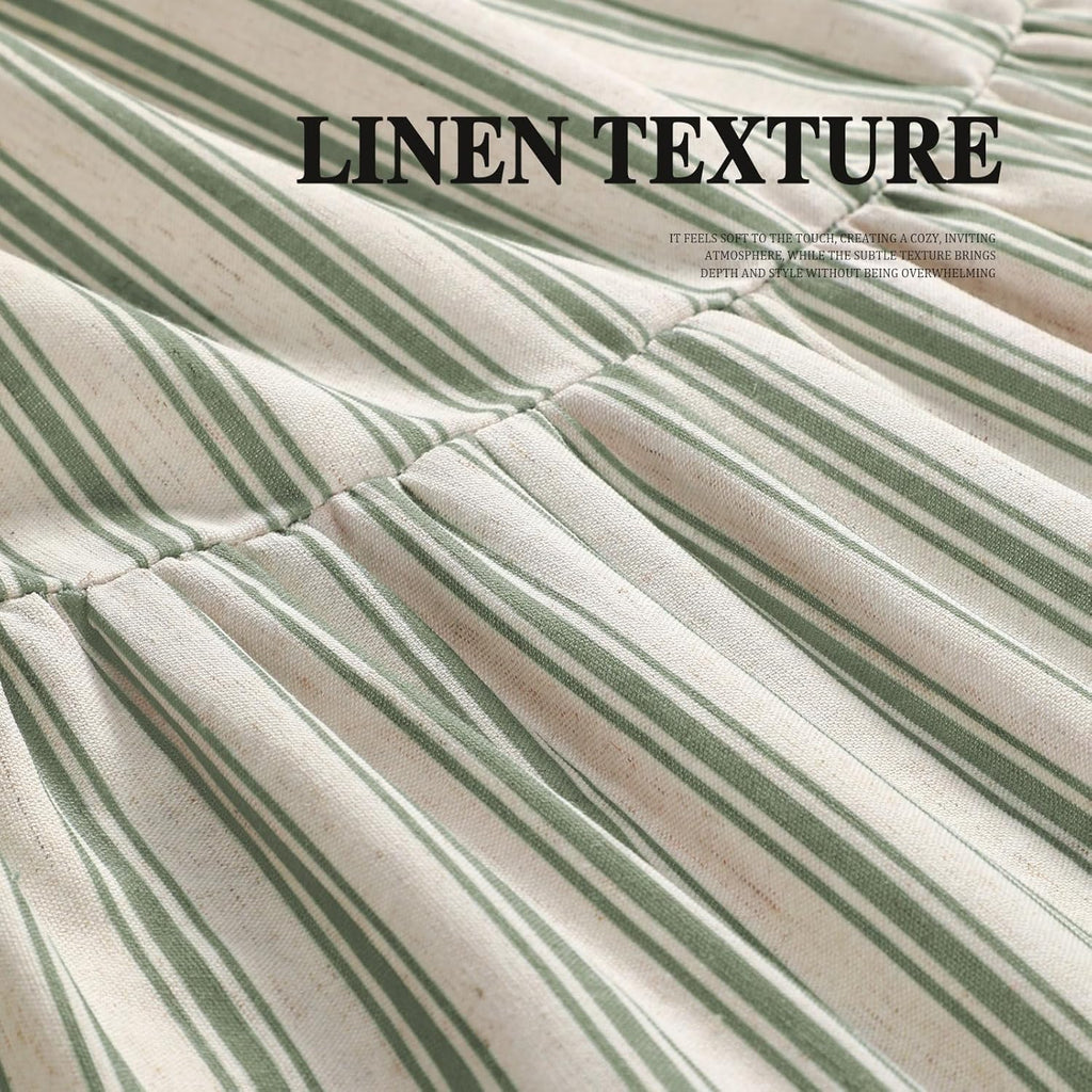 Farmhouse Shower Curtain Ruffle Linen Cream-Green Stripe 72"W x 72"L