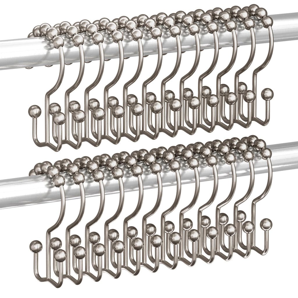 Titanker Double Shower Curtain Hooks, Rust Proof Shower Curtain Rings, Metal Shower Hooks for Bathroom Shower Rods Curtains, Set of 12 Hooks - Chrome