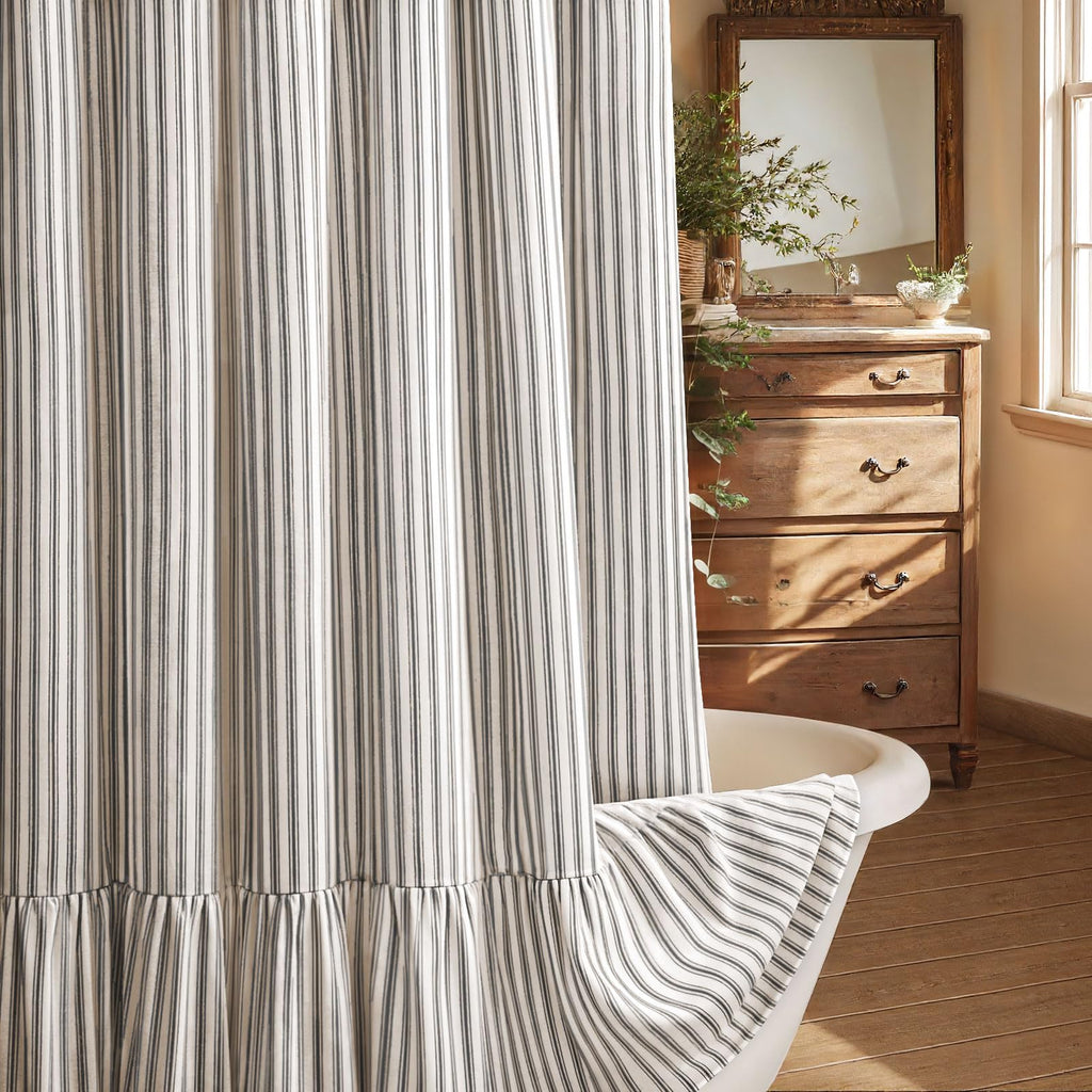Farmhouse Shower Curtain Ruffle Linen Cream-Brown Stripe 72"W x 84"L