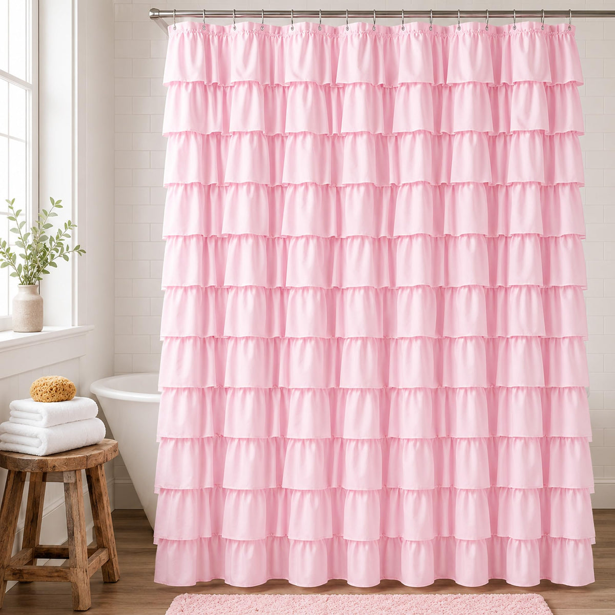 White Ruffle Shower Curtain for Bathroom,72 x 72 Inches, Farmhouse Style