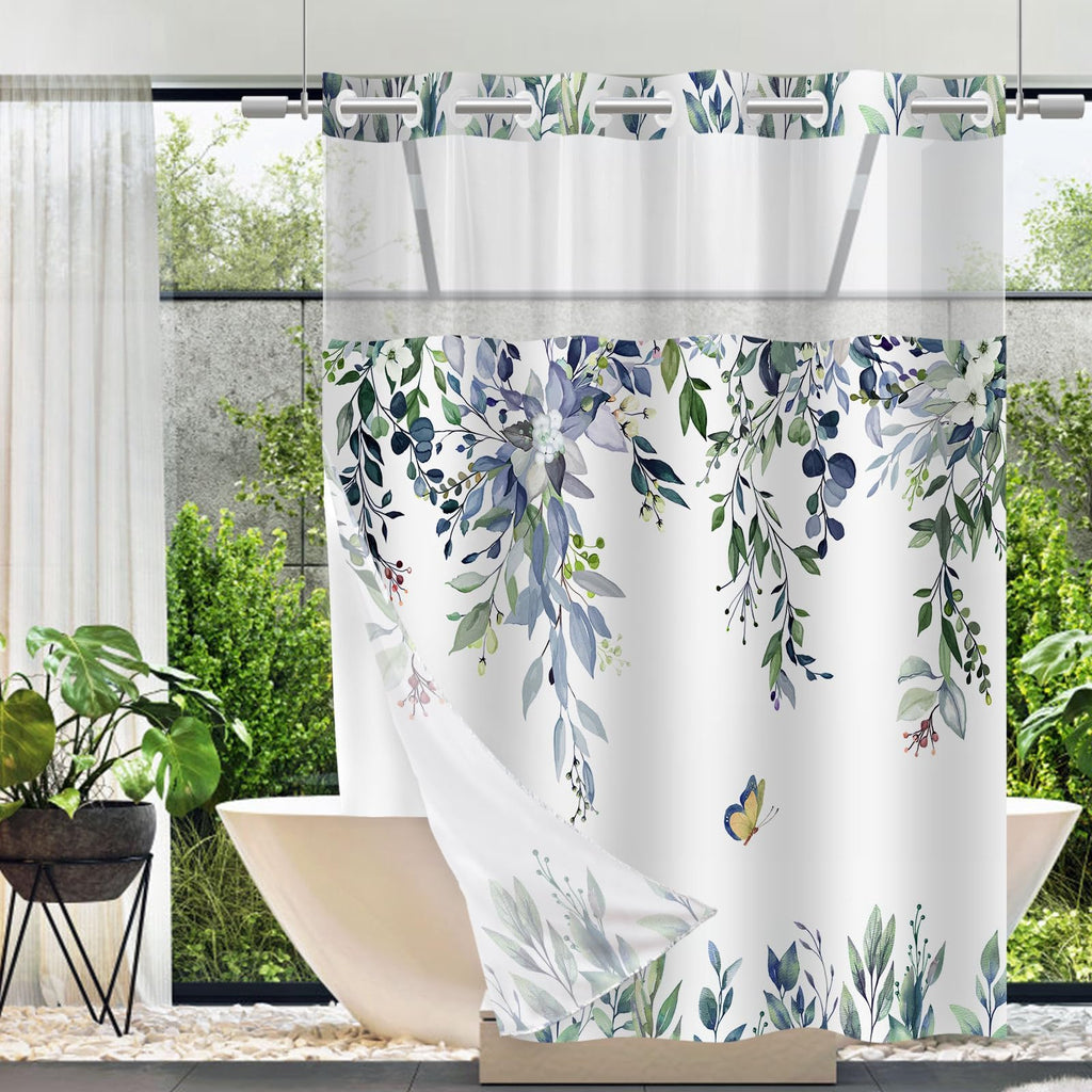 No Hook Shower Curtain and Liner Set, Sage Green Eucalyptus 71x74