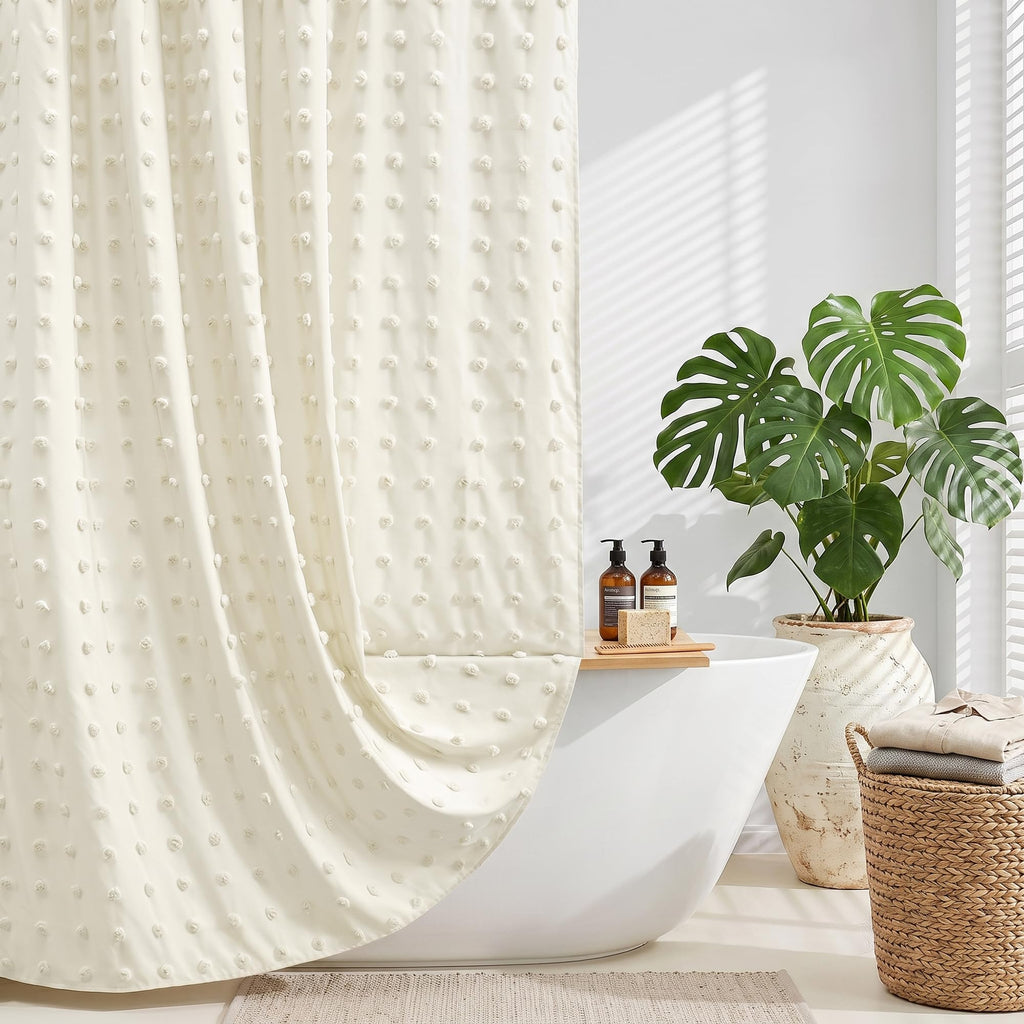 Extra Long Green Boho Shower Curtain Woven Fabric Cute 84 Inch Shower Curtain, 72 x 84 Tufted Pleat Floral Puffs Textured Modern Farmhouse Minimalist Shower Curtain Set with Hooks for Bathroom