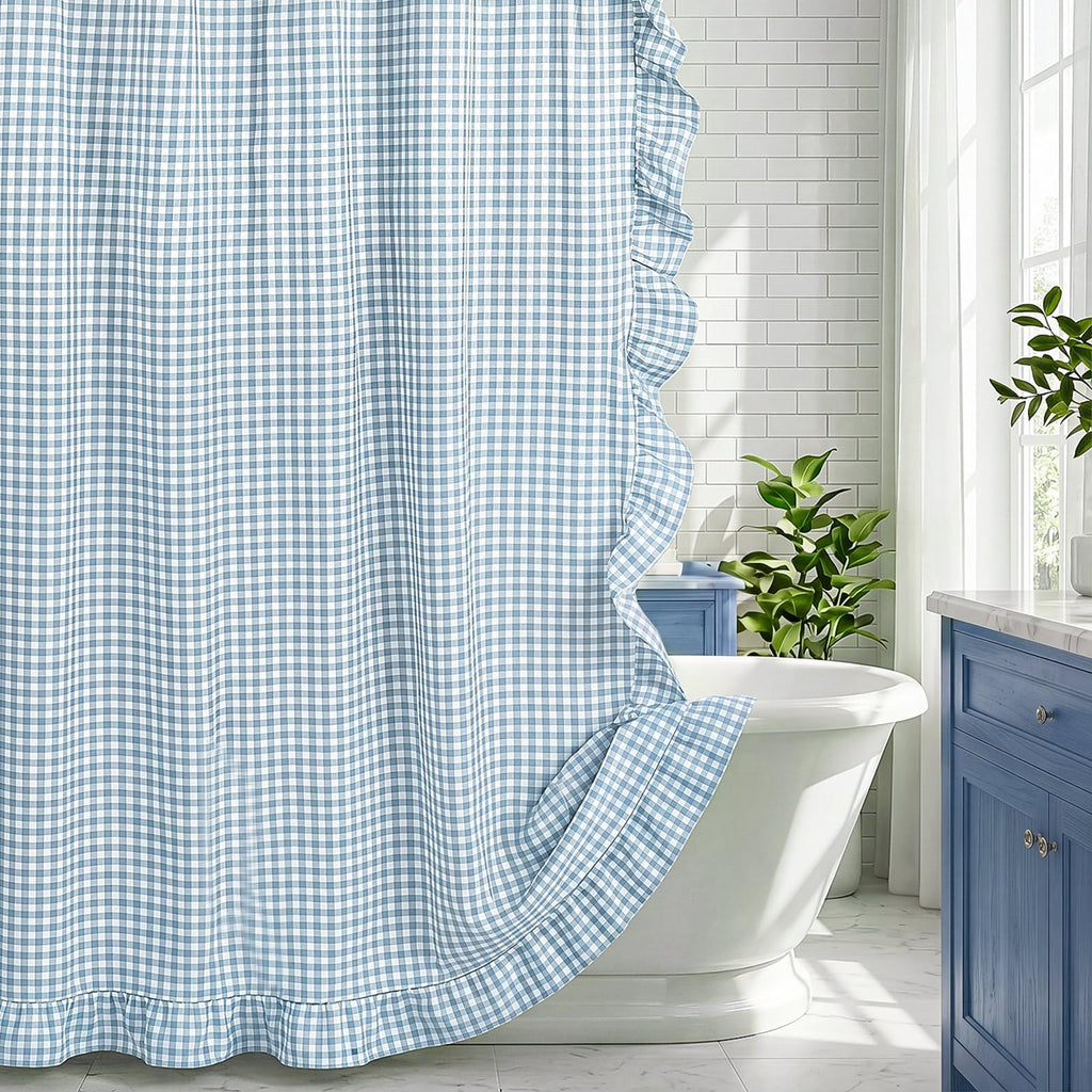 HunnmingRe Ruffle Hem Gingham Shower Curtain Taupe