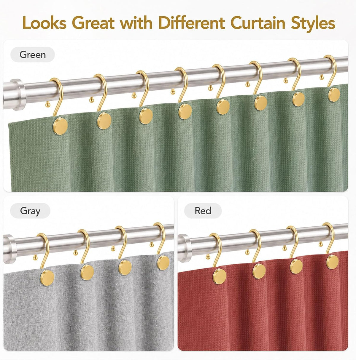 Gold Shower Curtain Hooks, 12 Pack S-Shaped Iron Rings for Bathroom Curtains and Liners, Decorative Metal Shower Hooks for Grommet Curtains, Easy Hanging