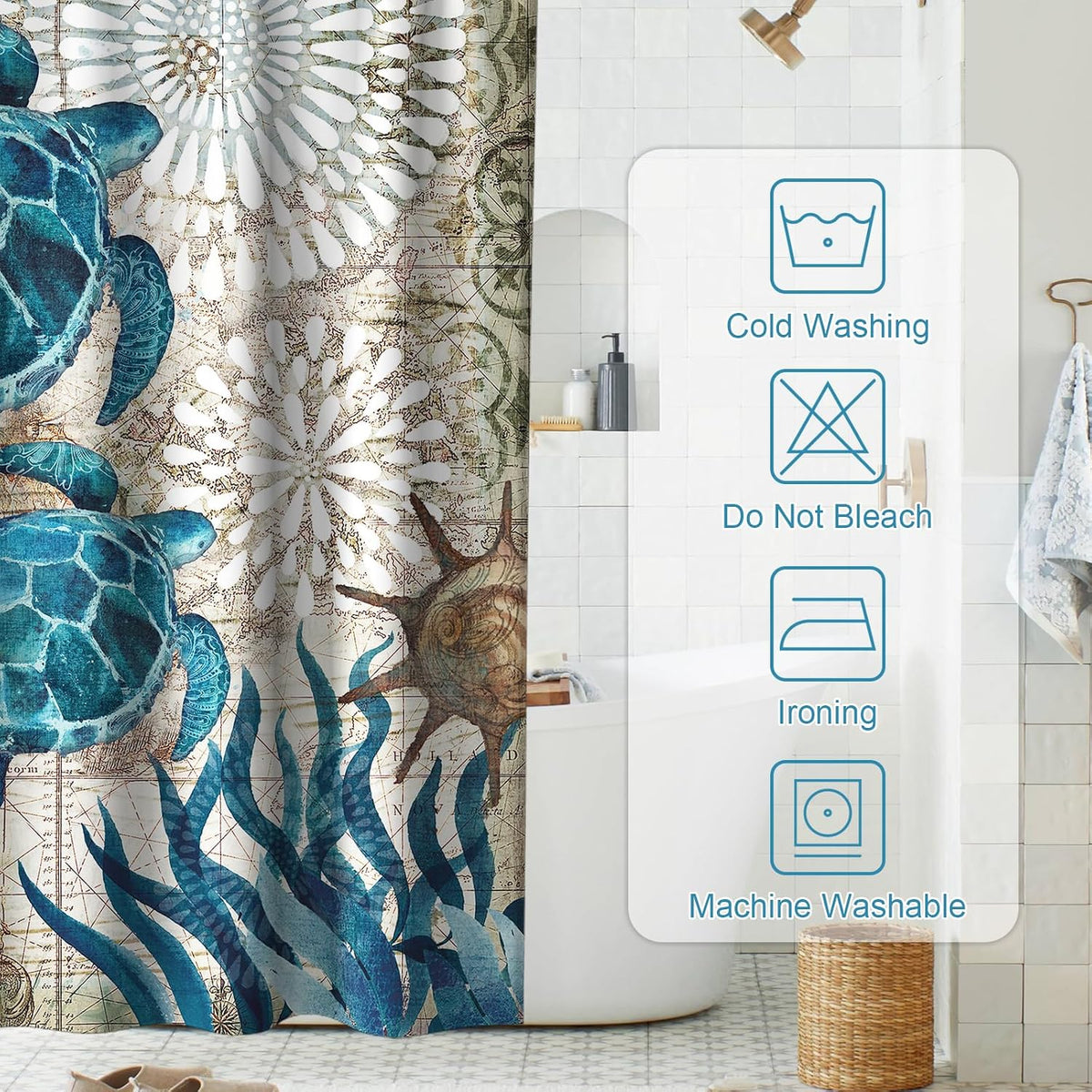 Nautical Green Sea Turtles Beach Theme Fabric Shower Curtain Sets Bathroom Blue Ocean Decor with Grommets and Hooks - 72 x 72 Inch Teal