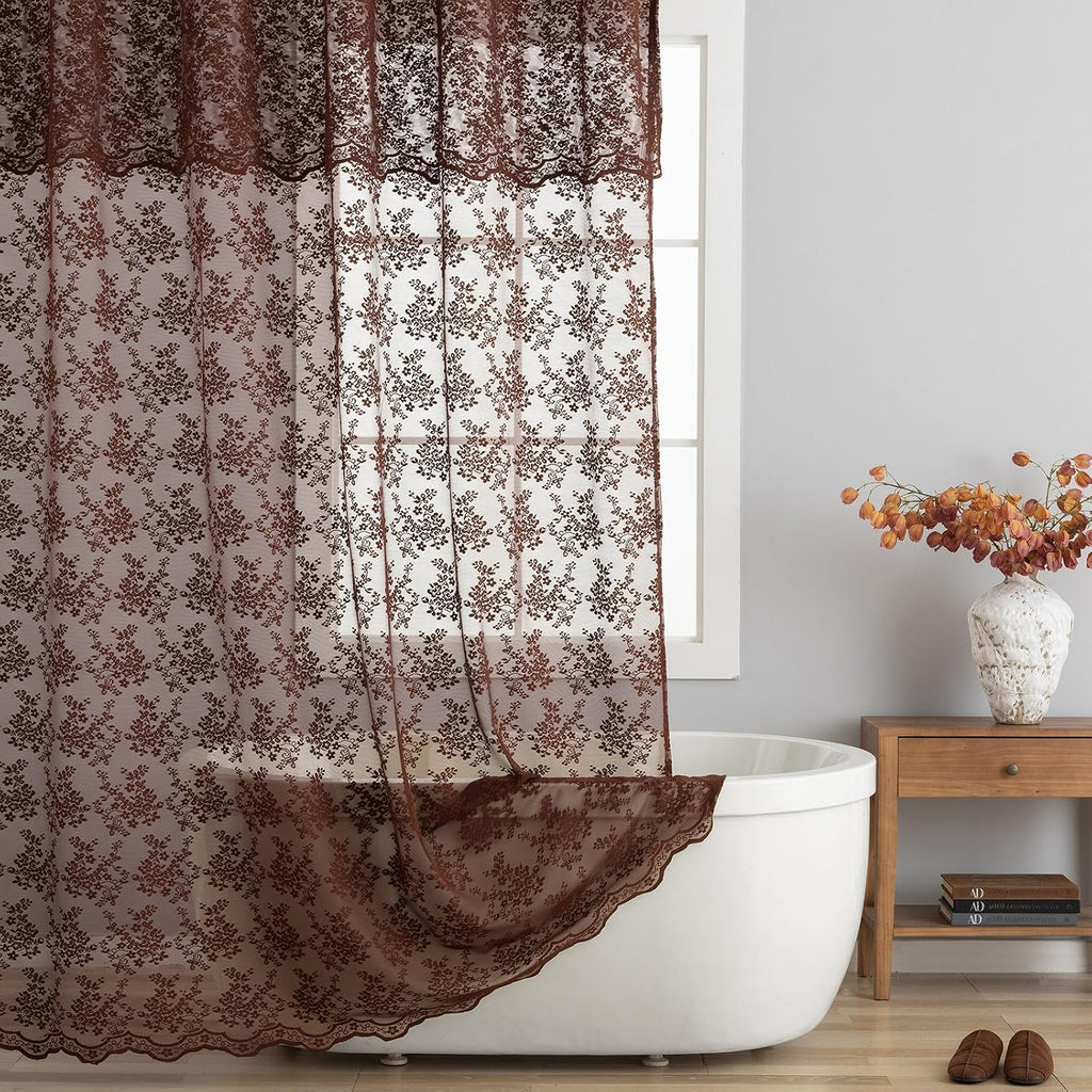 TUDECO Lace Brown Shower Curtain with Attached Valance, 72 x 72 Inch