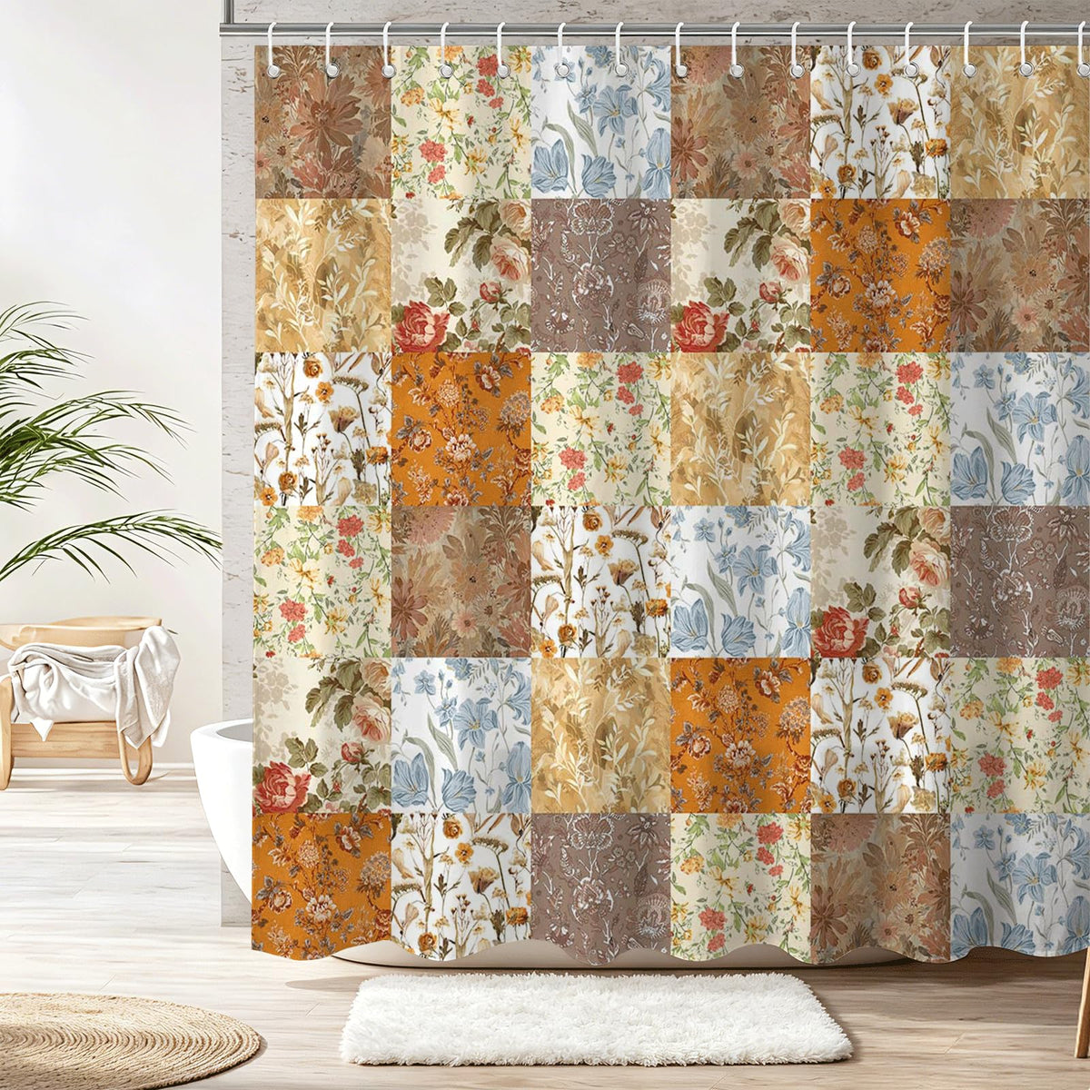 Shower Curtains for Bathroom, Boho Shower Curtain, Vintage Boho Pink Floral Bathroom Decor Bath Curtain, Mid Century Waterproof Retro Farmhouse Patchwork Floral Shower Curtain, 72 X 72 Inches
