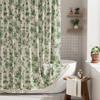 AmazerBath Boho Shower Curtain, Modern Farmhouse Shower Curtain Set with Tassels, Rustic Faux Linen Green Striped Shower Curtain with Hooks, Light Tan Toned, 72x72 Inches