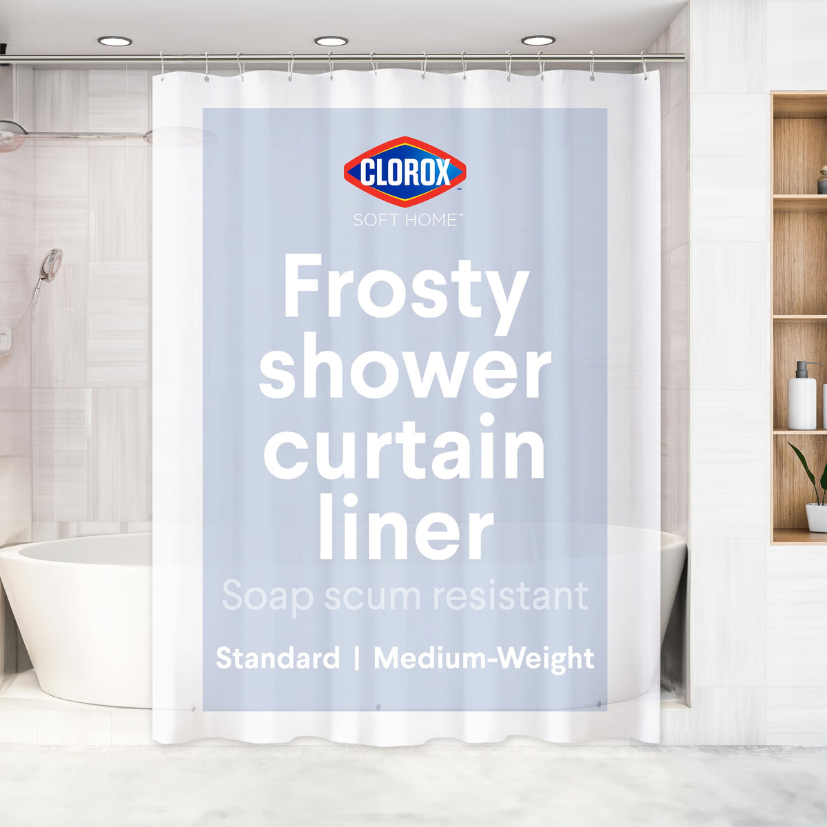Clorox Shower Curtain Liner & Hooks, Premium Lightweight Flexible Waterproof 4g PEVA for Bathroom with Weighted Magnets, Standard Size 70" x 72", Frosty 1 Pack