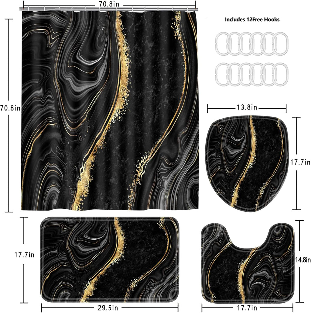 Nkzply 4 Pcs Black Marble Shower Curtain Sets with Rugs Gold Bathroom Set
