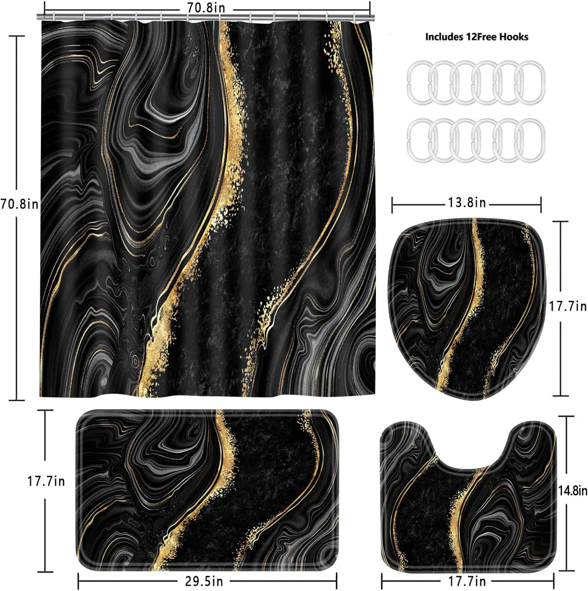 Nkzply 4 Pcs Black Marble Shower Curtain Sets with Rugs Gold Bathroom Set