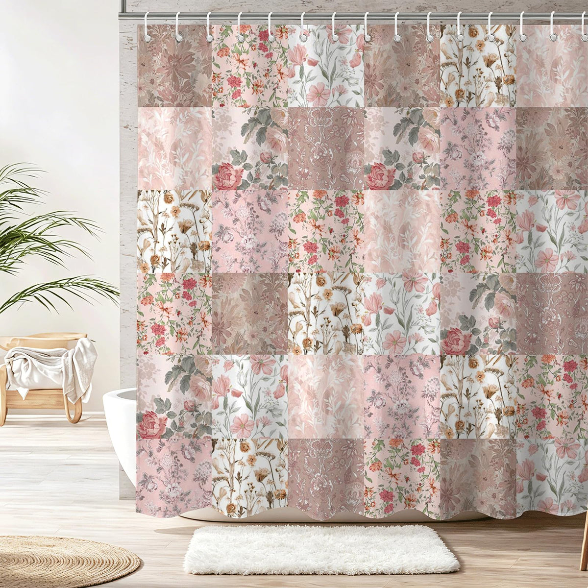 Shower Curtains for Bathroom, Boho Shower Curtain, Vintage Boho Pink Floral Bathroom Decor Bath Curtain, Mid Century Waterproof Retro Farmhouse Patchwork Floral Shower Curtain, 72 X 72 Inches