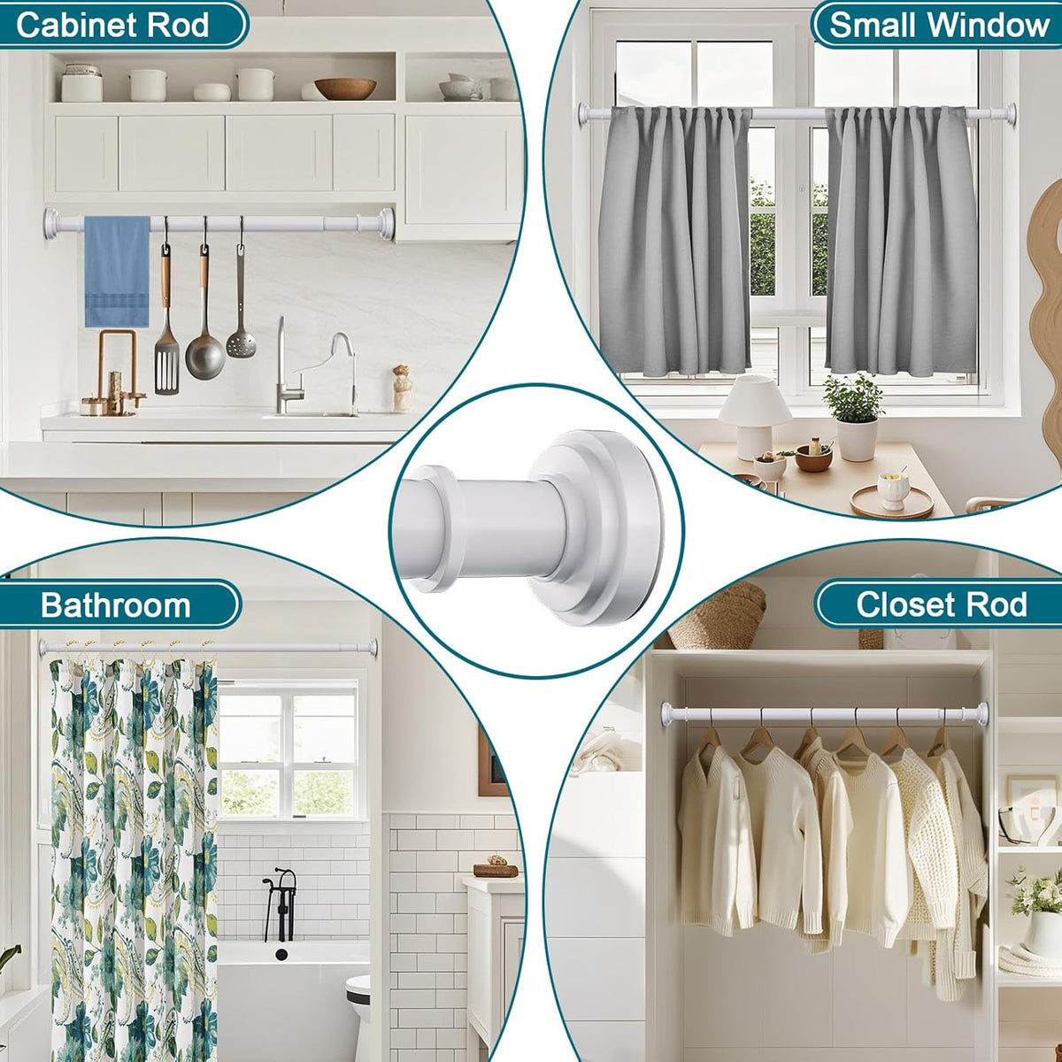 White Tension Shower Curtain Rod 36-84 Inch(3-7ft) Never Rust No Drilling Non Slip Spring Tension Shower Rod, Heavy Duty Tension Rod, Adjustable Curtain Rod for Bathroom Window Living Room