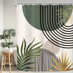KOMLLEX Mid Century Green Boho Shower Curtain, Abstract Modern Shower Curtains for Bathroom, Plant Botanical Minimalist Leaf Arch Sun Fabric Liner Waterproof Polyester 12 Pack Hooks 60Wx72L Inches