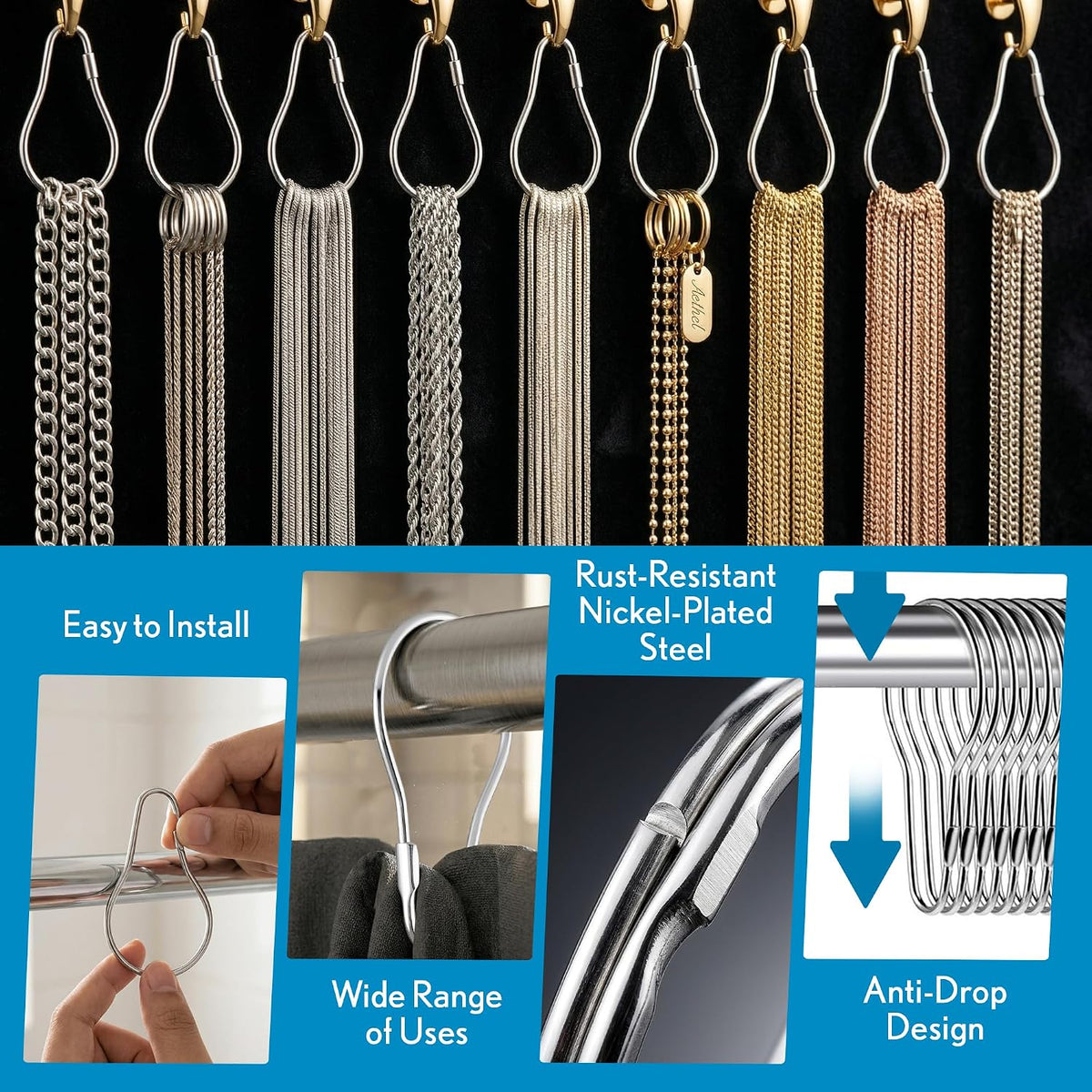 100 Pack Shower Curtain Hooks, 2.5" Metal Shower Curtain Rings, Made of Rust Resistant Nickle-Plated Steel, Pear Shaped Split Rings, Hanging Clips