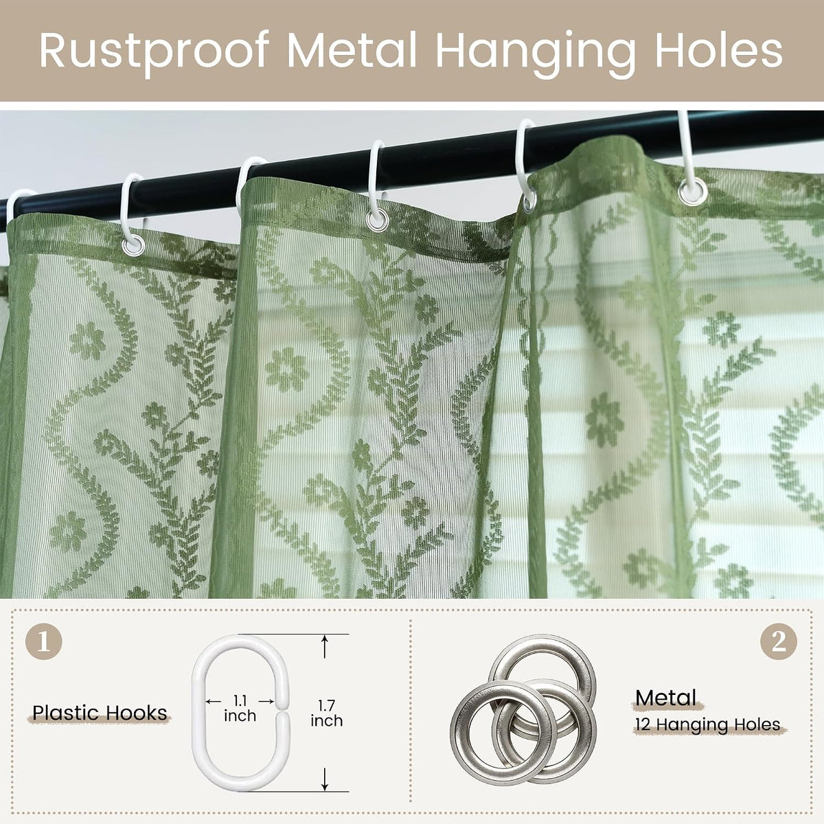 WAZZIO Dark Sage Green Lace Shower Curtain,Boho Chic Style,72 x 72 in