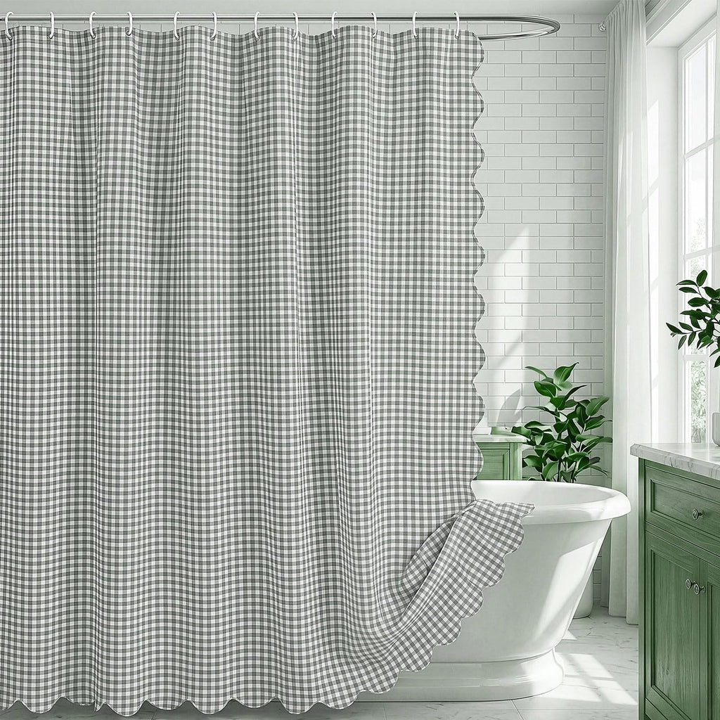 HunnmingRe Ruffle Hem Gingham Shower Curtain Taupe