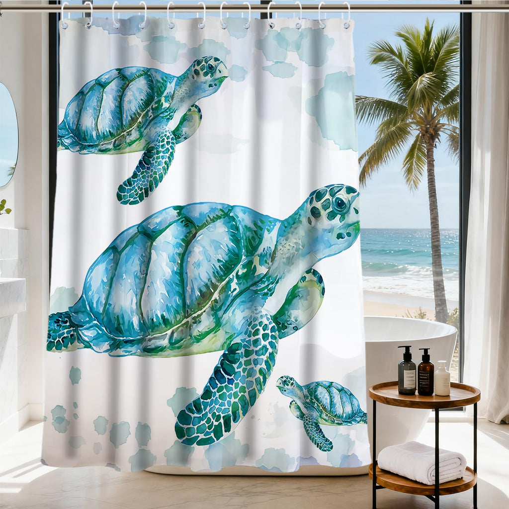 Nautical Green Sea Turtles Beach Theme Fabric Shower Curtain Sets Bathroom Blue Ocean Decor with Grommets and Hooks - 72 x 72 Inch Teal