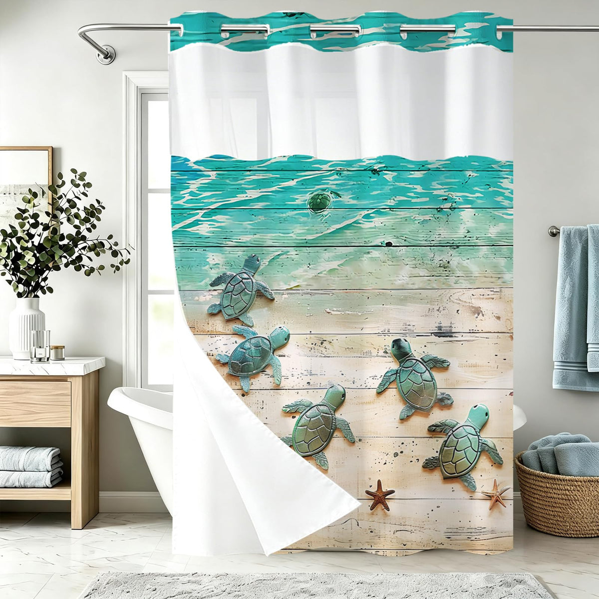 Nautical Green Sea Turtles Beach Theme Fabric Shower Curtain Sets Bathroom Blue Ocean Decor with Grommets and Hooks - 72 x 72 Inch Teal