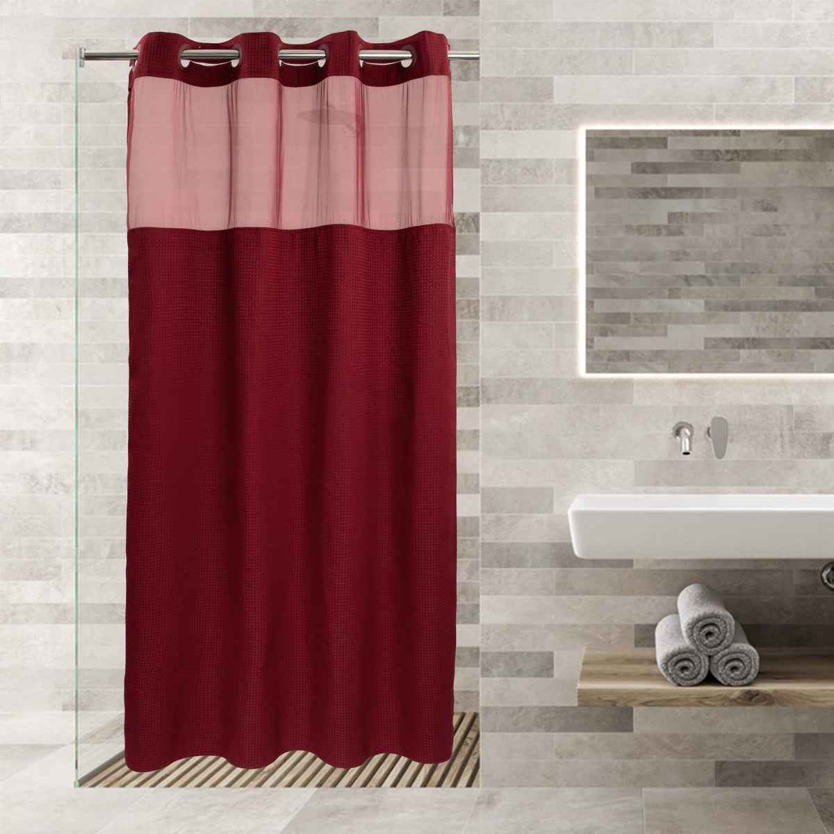 River Dream Waffle No Hook Shower Curtain with Liner,Navy Blue,71x74