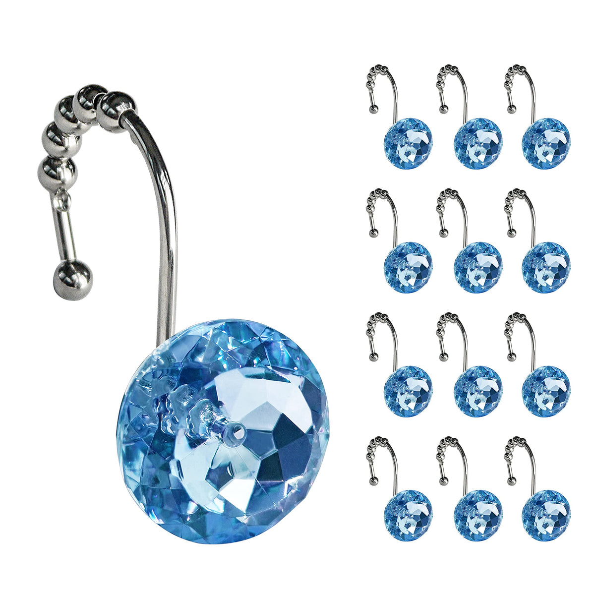 Sunlit Round Rhinestone Shower Curtain Hooks with Glide Balls, 12 Pack