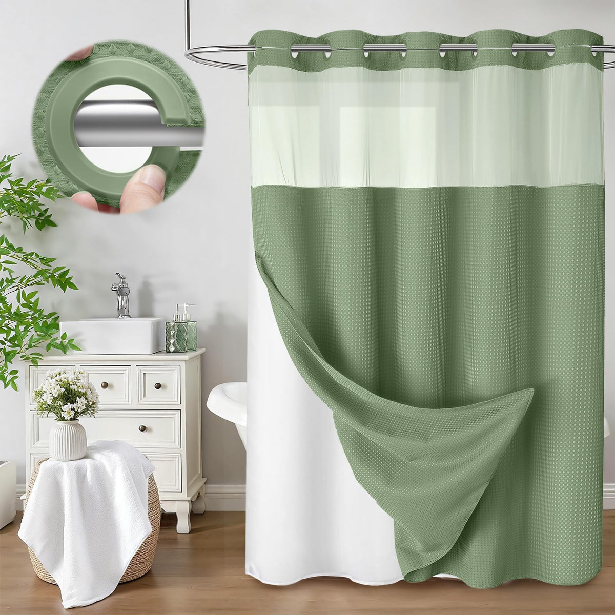 No Hook Shower Curtain with Liner Set Hotel Waffle Curtain White 72W X 75L