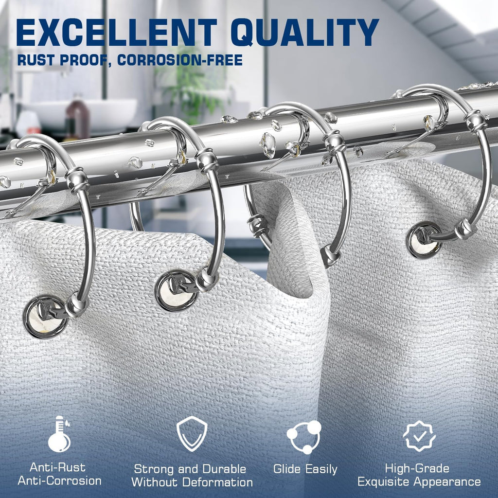 Shower Curtain Rings, Rust-Resistant Metal Curtain Hooks for Bathroom, Glide Smoothly on Curtain Rod, Loose Leaf Rings Set of 12, Zinc Alloy Nickel