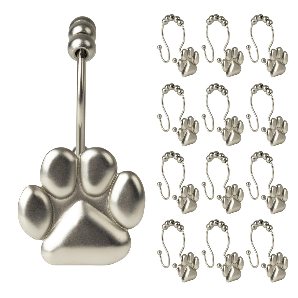 Sunlit Fashion Design Cute Paw Print Polished Shower Curtain Hooks for Dog Cat and Bear, Rust Proof Oil Metal Shower Curtain Rings, Black-12 Pack
