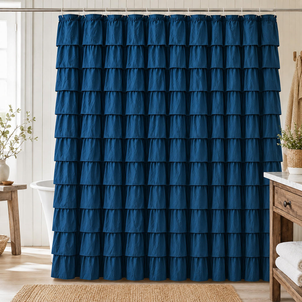 White Ruffle Shower Curtain for Bathroom,72 x 72 Inches, Farmhouse Style