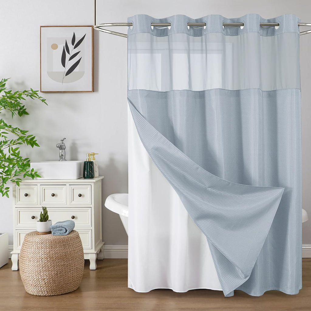 Colorful Star Sage Green No Hook Waffle Shower Curtain Set, 72 x 75 Inch