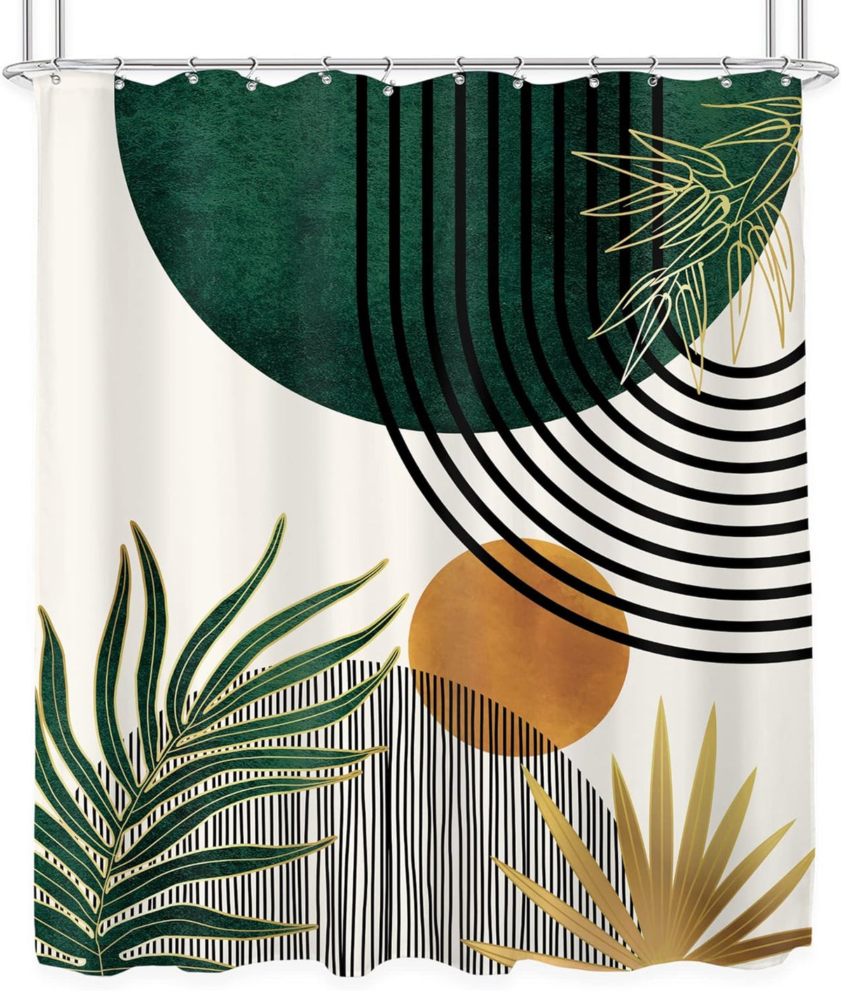 KOMLLEX Mid Century Green Boho Shower Curtain, Abstract Modern Shower Curtains for Bathroom, Plant Botanical Minimalist Leaf Arch Sun Fabric Liner Waterproof Polyester 12 Pack Hooks 60Wx72L Inches