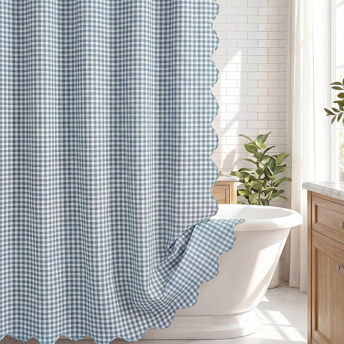 HunnmingRe Ruffle Hem Gingham Shower Curtain Taupe
