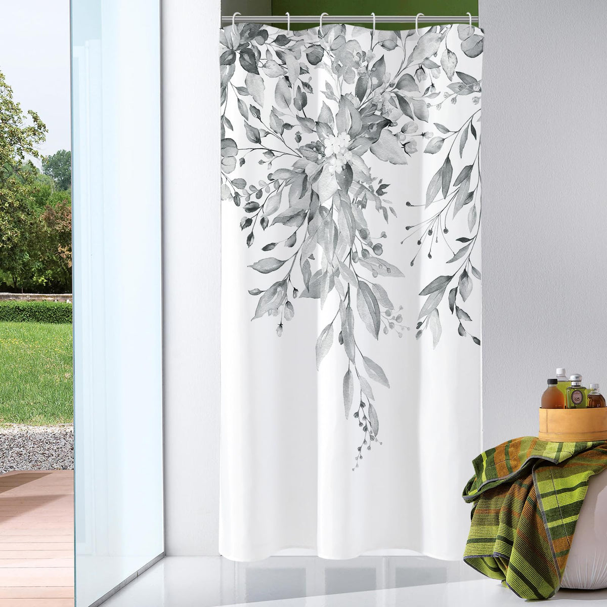 Gibelle Sage Green Eucalyptus Shower Curtain, Floral Print, 72x72