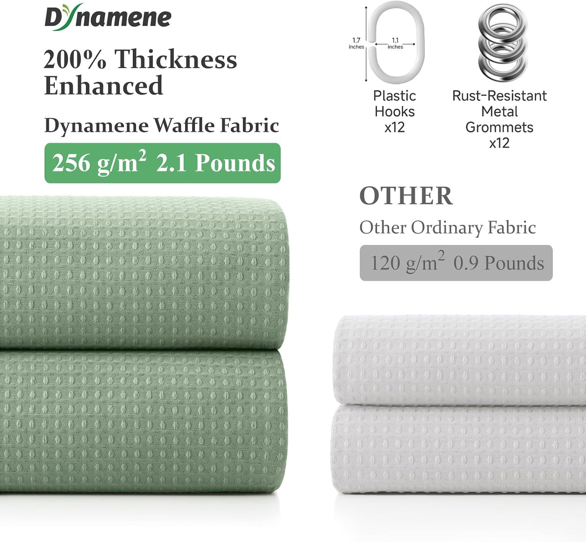 Dynamene Waffle Shower Curtain 256 GSM Heavy Duty Fabric 72"x72" Sage Green