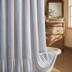 Farmhouse Shower Curtain Ruffle Linen Cream-Brown Stripe 72"W x 84"L