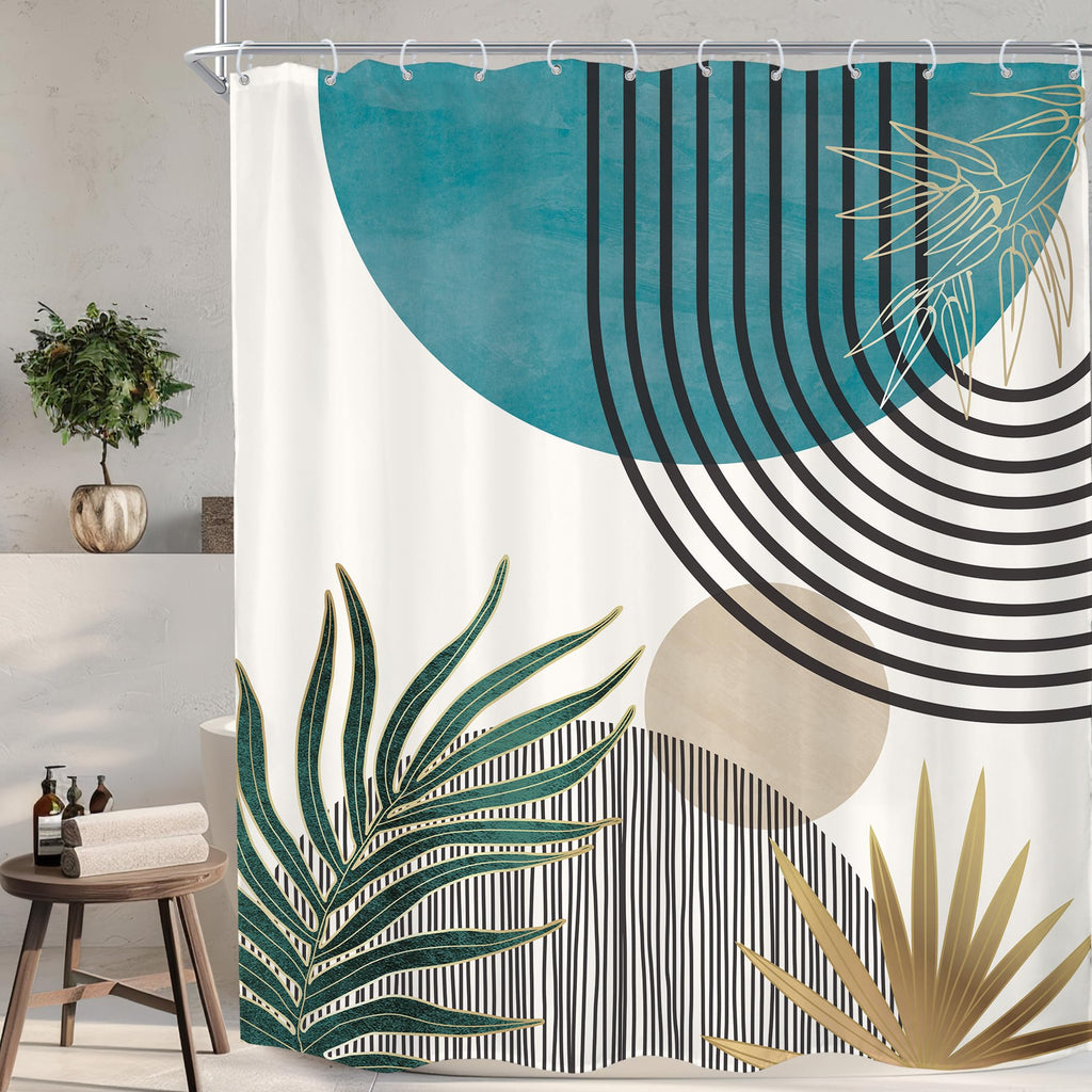 KOMLLEX Mid Century Green Boho Shower Curtain, Abstract Modern Shower Curtains for Bathroom, Plant Botanical Minimalist Leaf Arch Sun Fabric Liner Waterproof Polyester 12 Pack Hooks 60Wx72L Inches