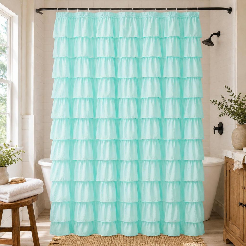 White Ruffle Shower Curtain for Bathroom,72 x 72 Inches, Farmhouse Style