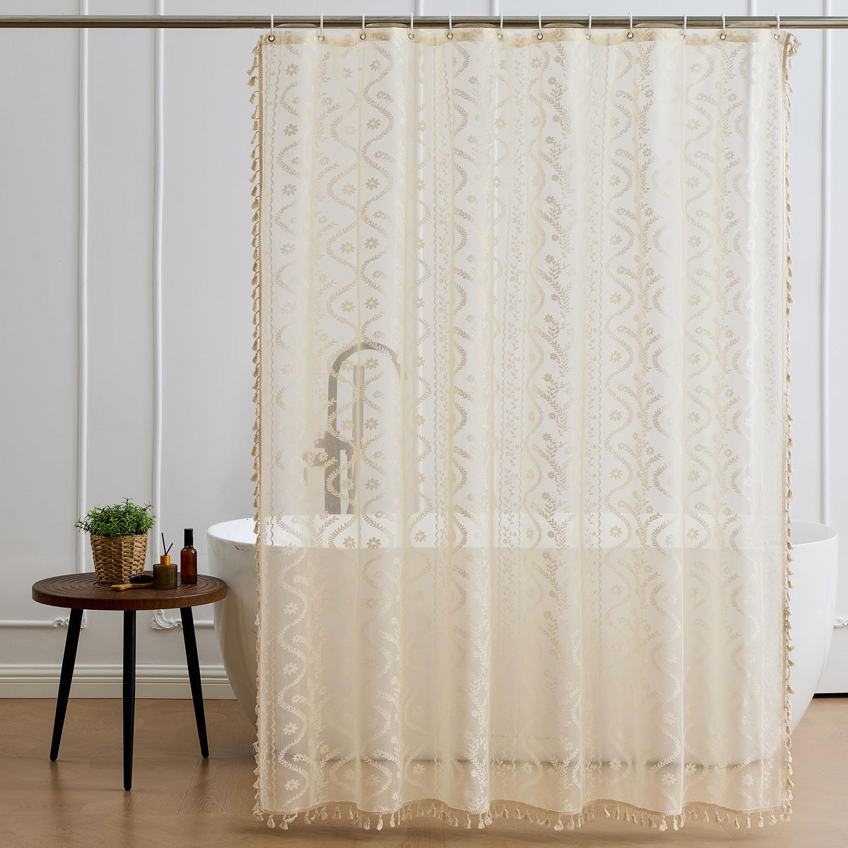 WAZZIO Dark Sage Green Lace Shower Curtain,Boho Chic Style,72 x 72 in