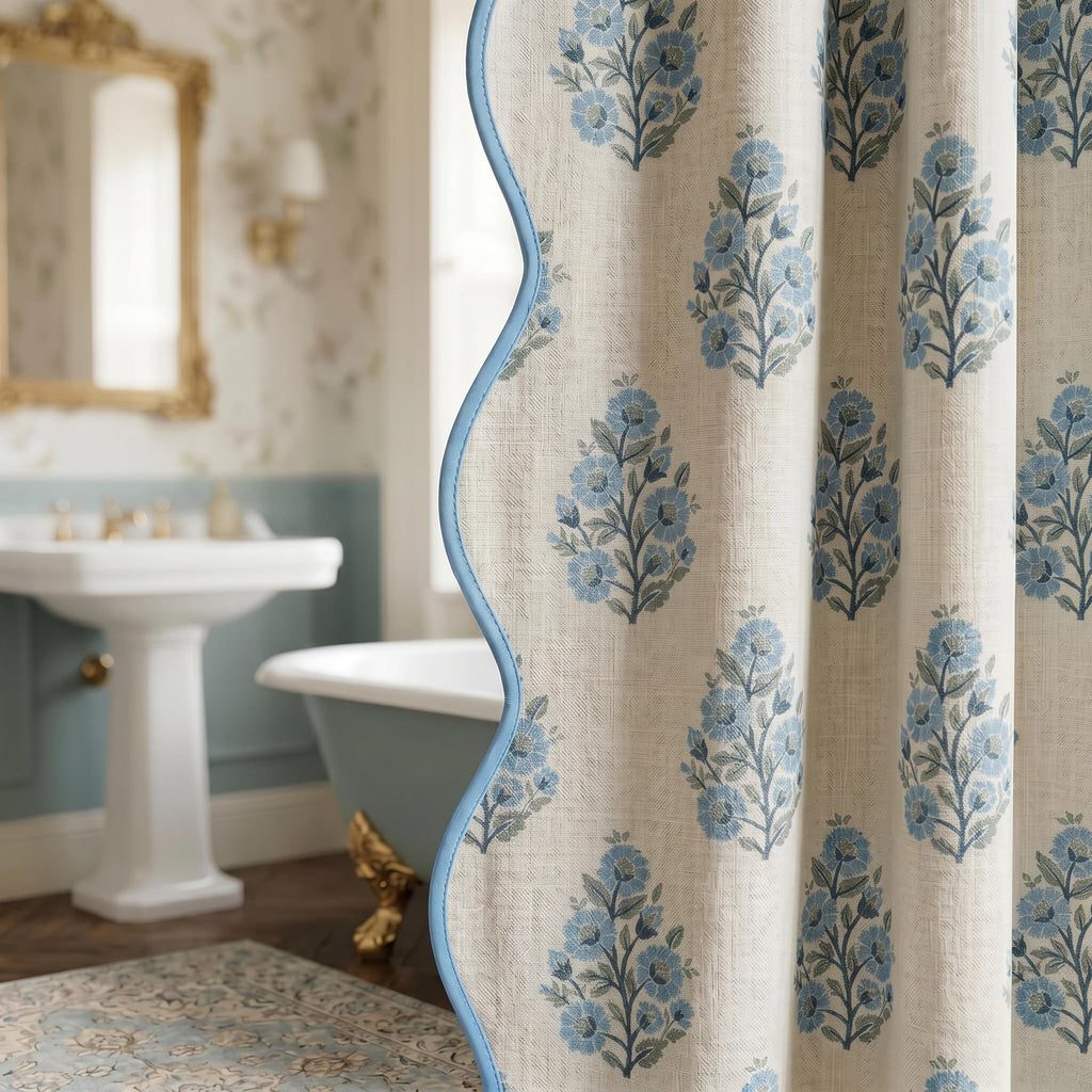 Boomkin Block Print Scalloped Shower Curtain Set with 12 Hooks