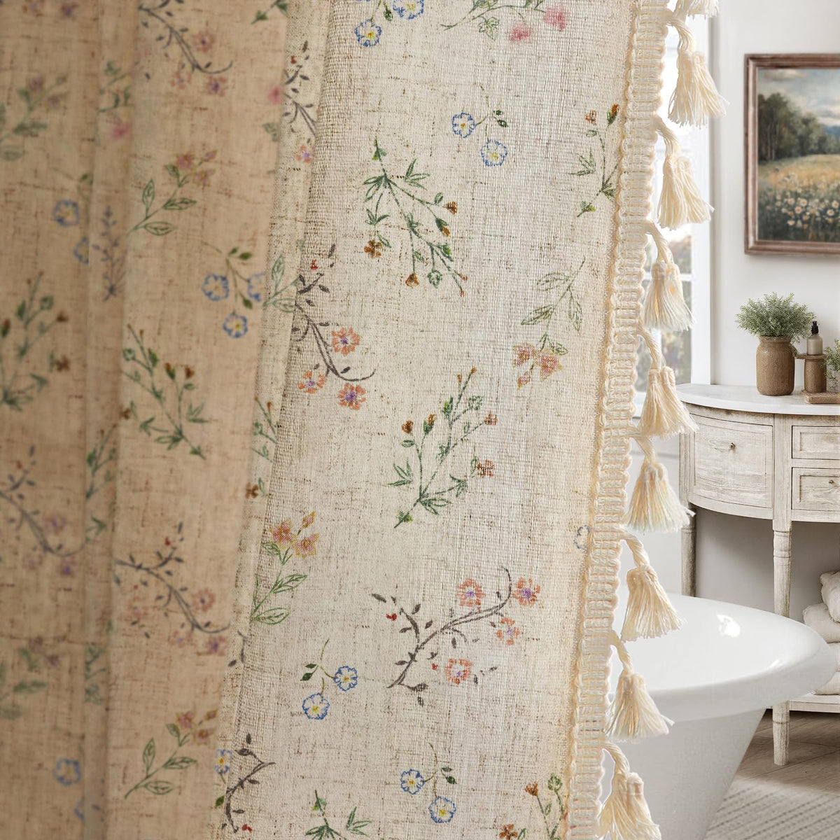 Floral Farmhouse Vintage Linen Shower Curtain French Country Decor 72Wx72H