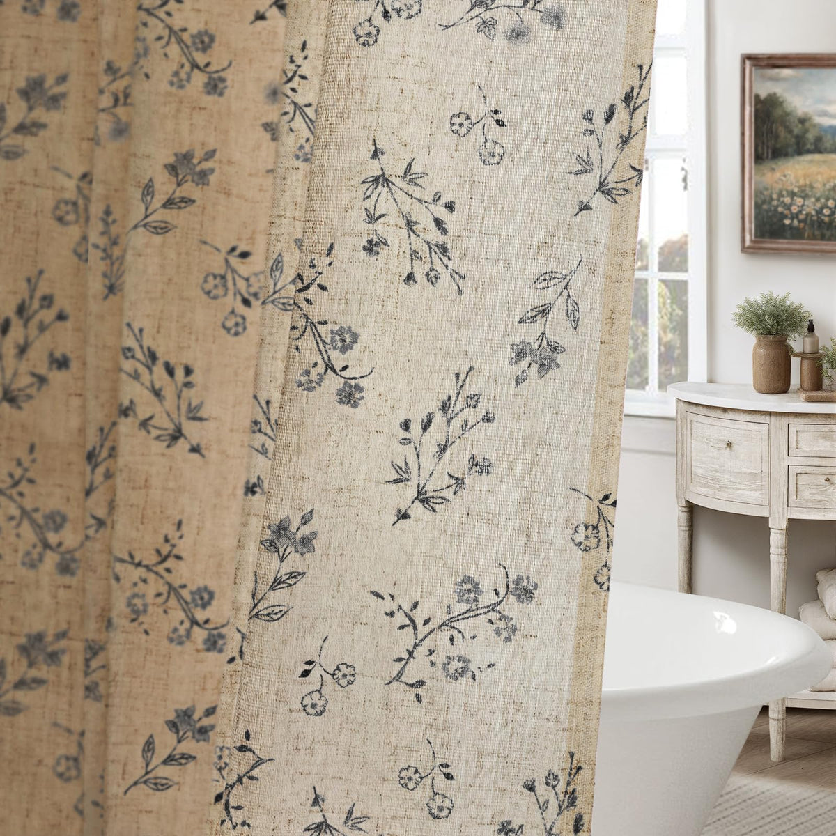 Floral Farmhouse Vintage Linen Shower Curtain French Country Decor 72Wx72H